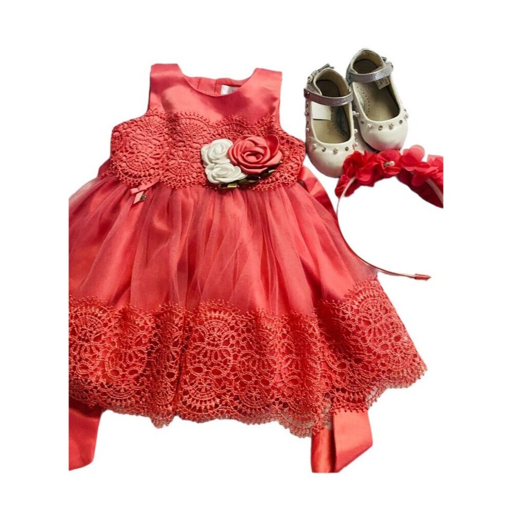 Bundle Girls Dress Shoes Headband Lace Baby 12 Months Coral Party Floral Formal